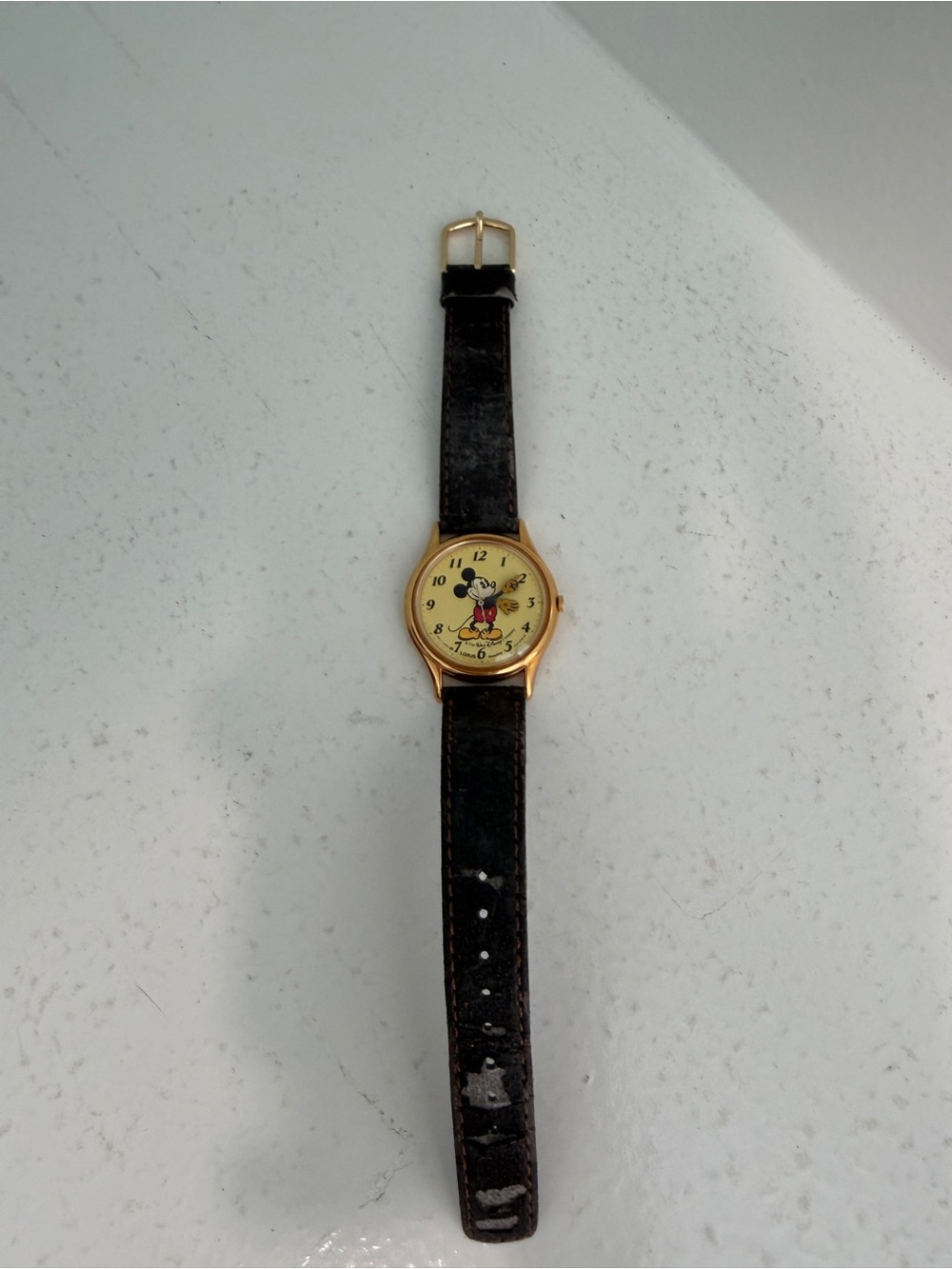Mickey Mouse Gold-Tone Men’s Watch with Black Leather Strap vintage